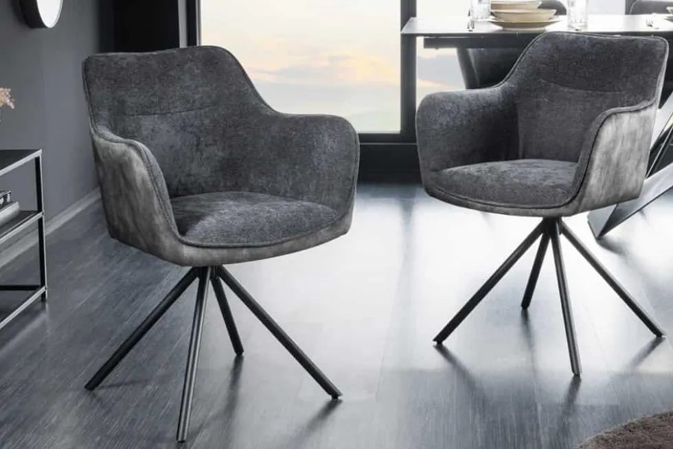 Drehbarer Stuhl VERONA dunkelgrau Samt Strukturstoff mit Armlehne Metallbeine schwarz
