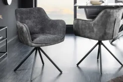 Drehbarer Stuhl VERONA dunkelgrau Samt Strukturstoff mit Armlehne Metallbeine schwarz