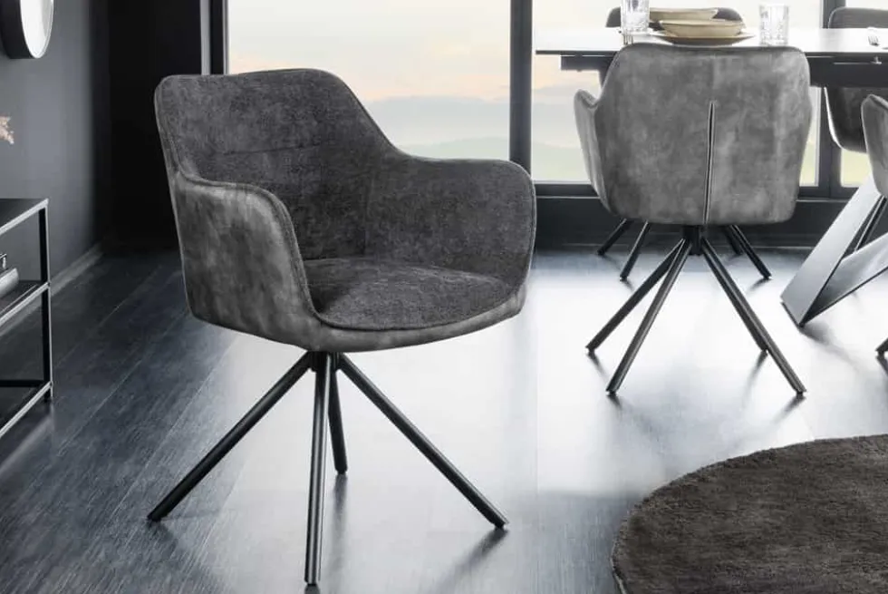 Drehbarer Stuhl VERONA dunkelgrau Samt Strukturstoff mit Armlehne Metallbeine schwarz