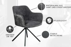 Drehbarer Stuhl VERONA dunkelgrau Samt Strukturstoff mit Armlehne Metallbeine schwarz