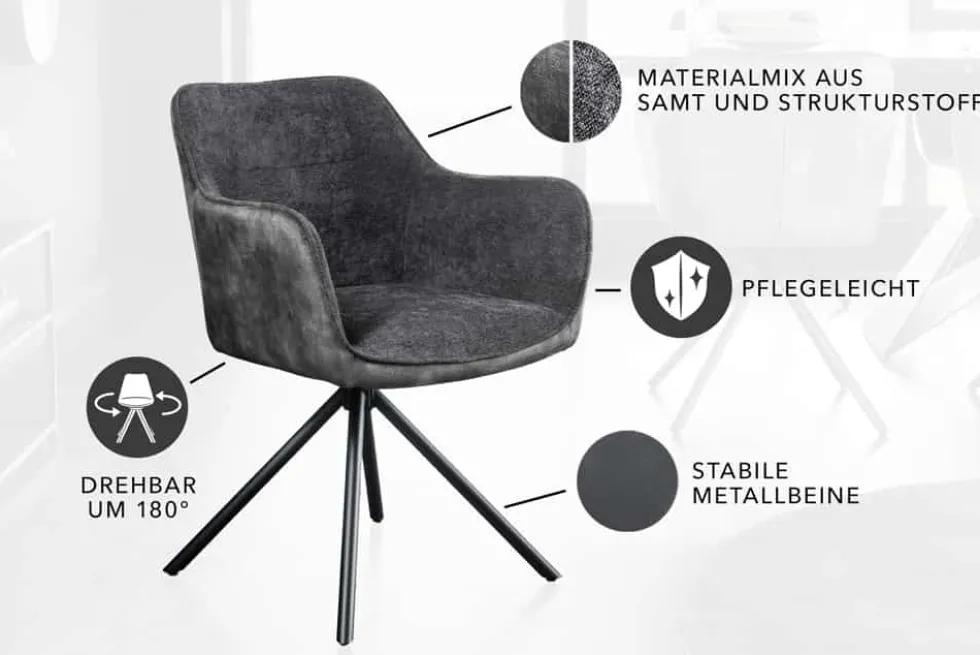 Drehbarer Stuhl VERONA dunkelgrau Samt Strukturstoff mit Armlehne Metallbeine schwarz