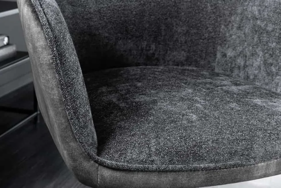 Drehbarer Stuhl VERONA dunkelgrau Samt Strukturstoff mit Armlehne Metallbeine schwarz