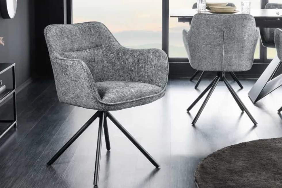 Drehbarer Stuhl VERONA grau Strukturstoff mit Armlehne Metallbeine schwarz