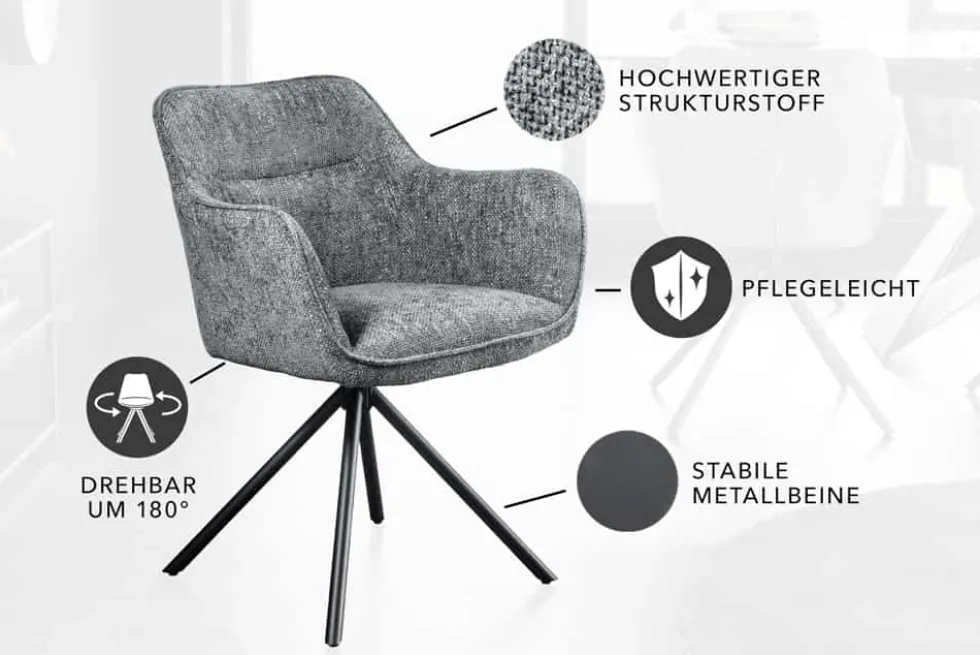 Drehbarer Stuhl VERONA grau Strukturstoff mit Armlehne Metallbeine schwarz