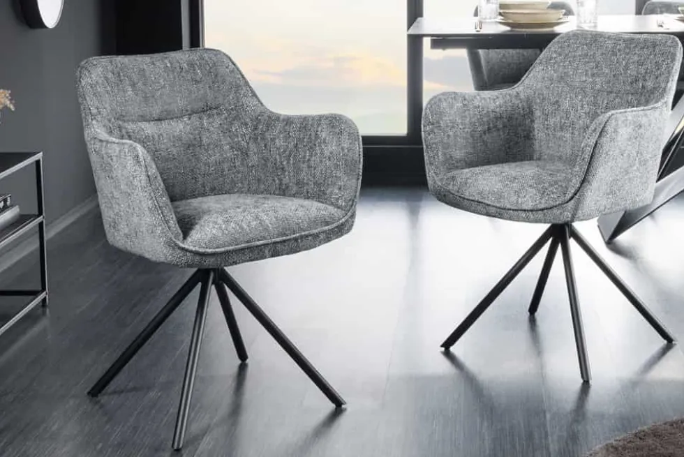 Drehbarer Stuhl VERONA grau Strukturstoff mit Armlehne Metallbeine schwarz