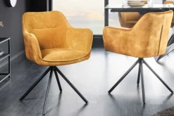 Drehbarer Stuhl VERONA senfgelb Samt Strukturstoff mit Armlehne Metallbeine schwarz