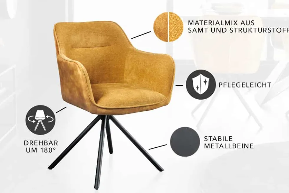 Drehbarer Stuhl VERONA senfgelb Samt Strukturstoff mit Armlehne Metallbeine schwarz