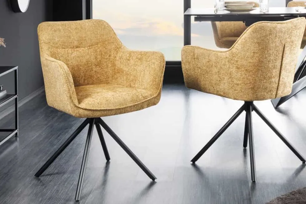 Drehbarer Stuhl VERONA senfgelb Strukturstoff mit Armlehne Metallbeine schwarz