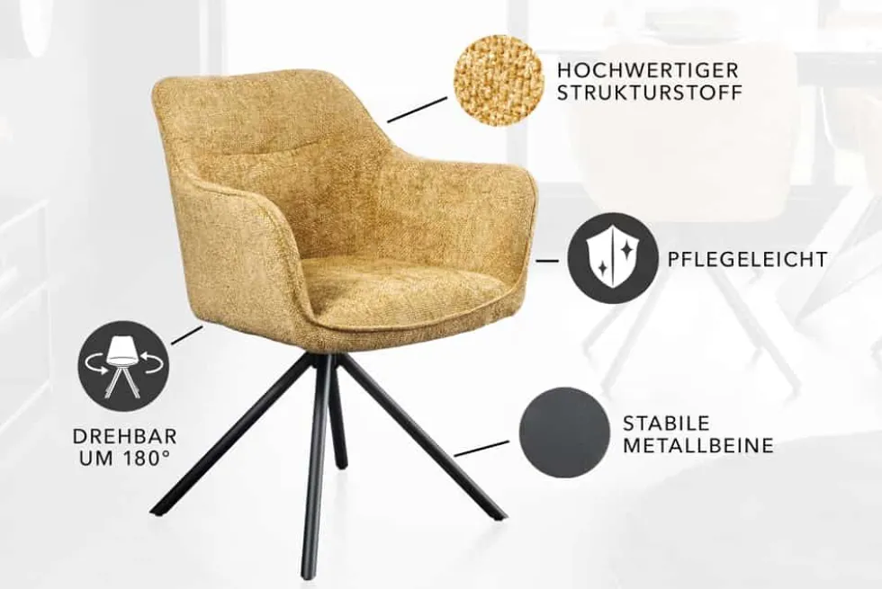 Drehbarer Stuhl VERONA senfgelb Strukturstoff mit Armlehne Metallbeine schwarz