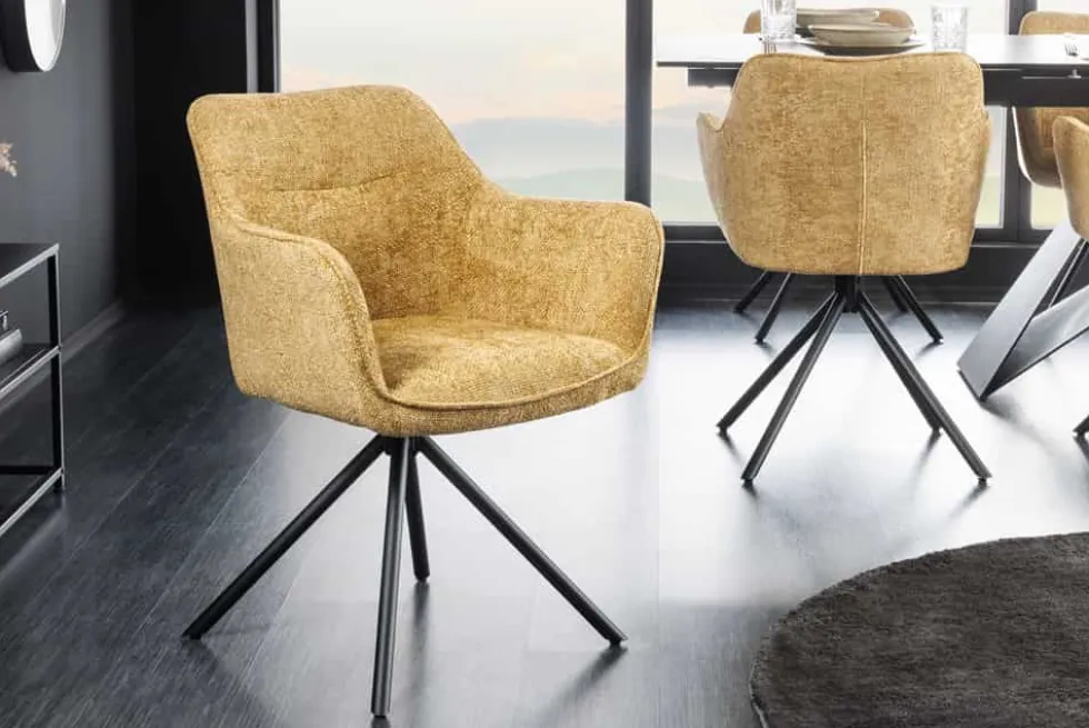 Drehbarer Stuhl VERONA senfgelb Strukturstoff mit Armlehne Metallbeine schwarz