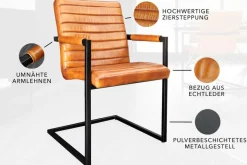 Echtleder Freischwinger Stuhl BUFFALO braun Büffelleder Metall mit Armlehne gepolstert