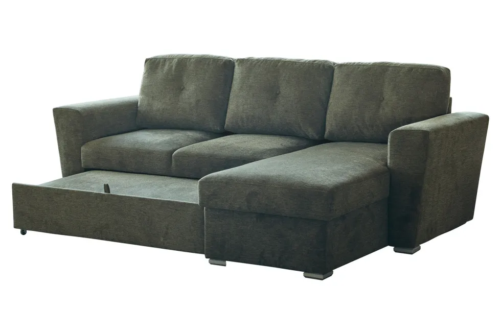 Ecksofa mit Schlaffunktion APARTMENT beidseitig aufbaubar grün Strukturstoff inkl. Stauraum