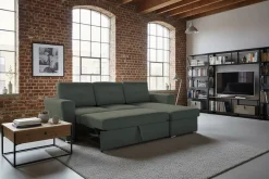 Ecksofa mit Schlaffunktion APARTMENT beidseitig aufbaubar grün Strukturstoff inkl. Stauraum