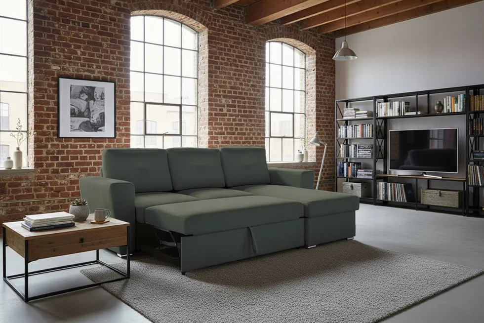 Ecksofa mit Schlaffunktion APARTMENT beidseitig aufbaubar grün Strukturstoff inkl. Stauraum
