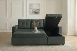 Ecksofa mit Schlaffunktion APARTMENT beidseitig aufbaubar grün Cord inkl. Stauraum