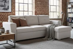 Ecksofa mit Schlaffunktion APARTMENT beidseitig aufbaubar beige Strukturstoff inkl. Stauraum