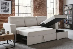 Ecksofa mit Schlaffunktion APARTMENT beidseitig aufbaubar beige Strukturstoff inkl. Stauraum