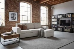 Ecksofa mit Schlaffunktion APARTMENT beidseitig aufbaubar beige Strukturstoff inkl. Stauraum