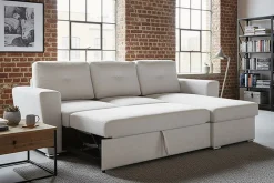 Ecksofa mit Schlaffunktion APARTMENT beidseitig aufbaubar beige Strukturstoff inkl. Stauraum