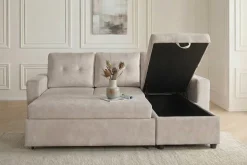 Ecksofa mit Schlaffunktion APARTMENT beidseitig aufbaubar champagner beige Samt inkl. Stauraum