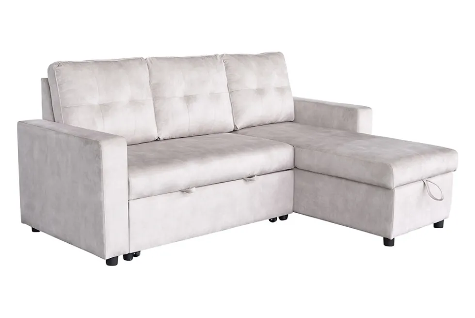 Ecksofa mit Schlaffunktion APARTMENT beidseitig aufbaubar champagner beige Samt inkl. Stauraum