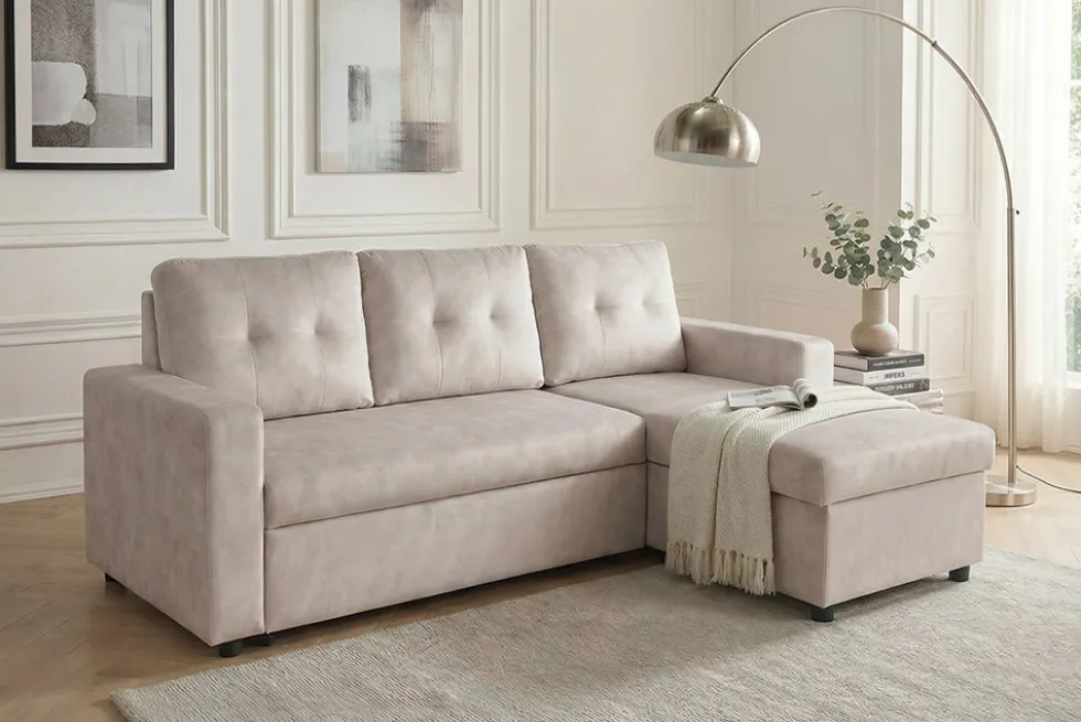 Ecksofa mit Schlaffunktion APARTMENT beidseitig aufbaubar champagner beige Samt inkl. Stauraum