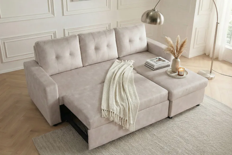 Ecksofa mit Schlaffunktion APARTMENT beidseitig aufbaubar champagner beige Samt inkl. Stauraum