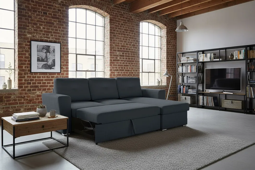 Ecksofa mit Schlaffunktion APARTMENT beidseitig aufbaubar grau Strukturstoff inkl. Stauraum