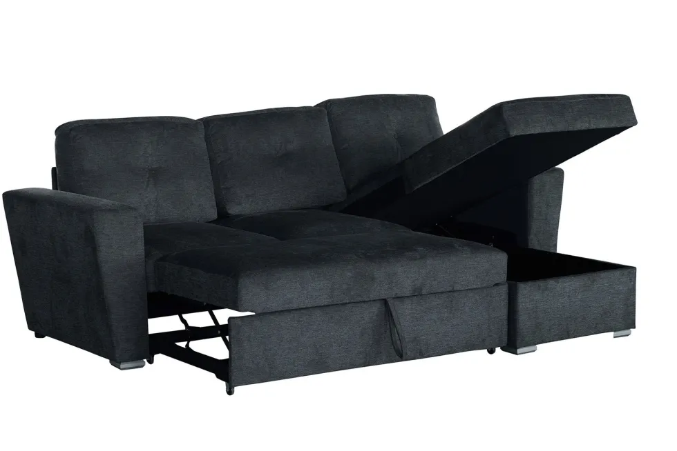 Ecksofa mit Schlaffunktion APARTMENT beidseitig aufbaubar grau Strukturstoff inkl. Stauraum