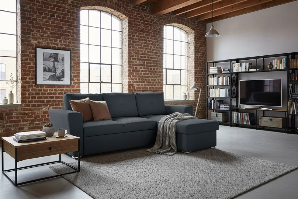 Ecksofa mit Schlaffunktion APARTMENT beidseitig aufbaubar grau Strukturstoff inkl. Stauraum