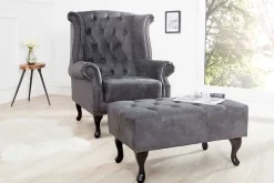 Edler Chesterfield Fußhocker antik grau Microfaser mit Knopfheftung und Nietenbesatz