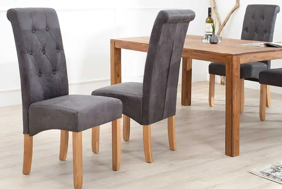 Edler Stuhl CASA vintage grau mit Zierknöpfen Massivholzbeine