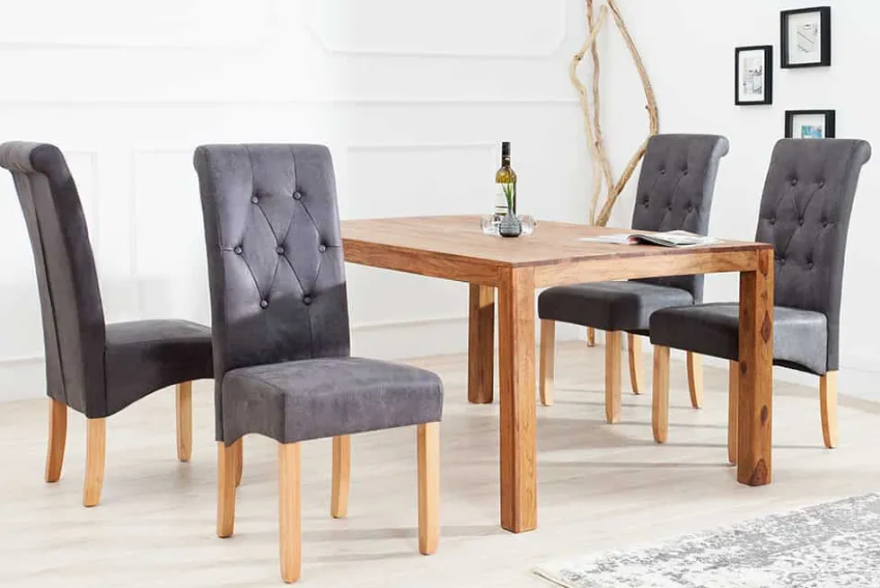 Edler Stuhl CASA vintage grau mit Zierknöpfen Massivholzbeine