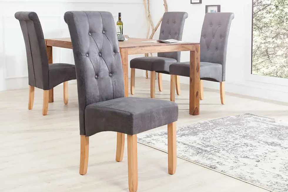 Edler Stuhl CASA vintage grau mit Zierknöpfen Massivholzbeine
