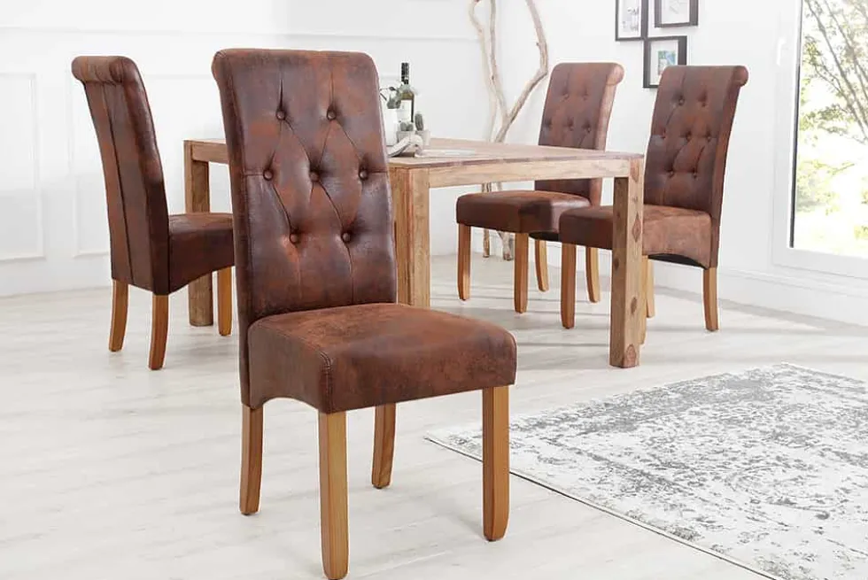 Edler Stuhl CASA whisky braun vintage mit Zierknöpfen Massivholzbeine