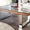 Eindrucksvoller Couchtisch BARRACUDA 110cm antik Teakholz mit Kufengestell und Glas