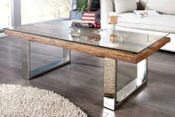 Eindrucksvoller Couchtisch BARRACUDA 110cm antik Teakholz mit Kufengestell und Glas