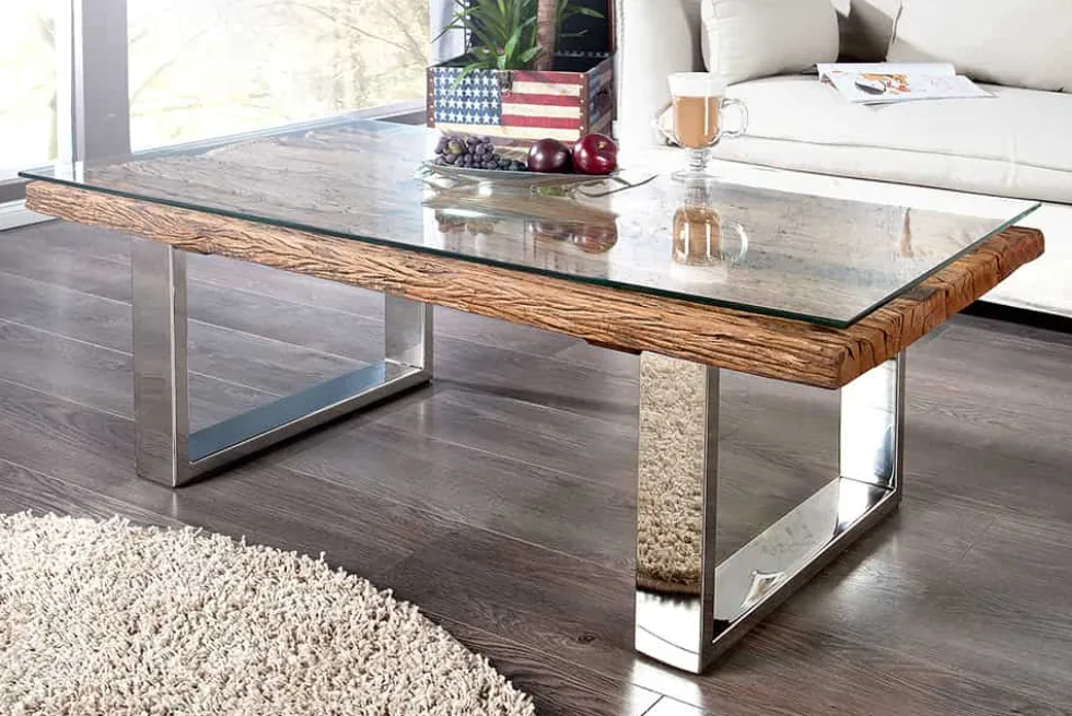 Eindrucksvoller Couchtisch BARRACUDA 110cm antik Teakholz mit Kufengestell und Glas