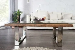 Eindrucksvoller Couchtisch BARRACUDA 110cm antik Teakholz mit Kufengestell und Glas