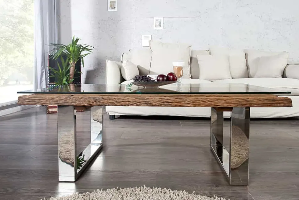 Eindrucksvoller Couchtisch BARRACUDA 110cm antik Teakholz mit Kufengestell und Glas