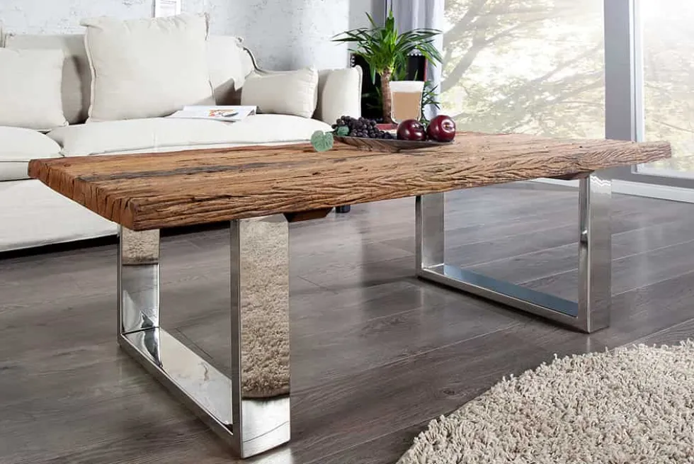 Eindrucksvoller Couchtisch BARRACUDA 110cm antik Teakholz mit Kufengestell und Glas