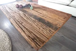 Eindrucksvoller Couchtisch BARRACUDA 110cm antik Teakholz mit Kufengestell und Glas