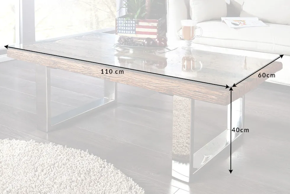Eindrucksvoller Couchtisch BARRACUDA 110cm antik Teakholz mit Kufengestell und Glas