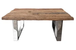 Eindrucksvoller Couchtisch BARRACUDA 110cm antik Teakholz mit Kufengestell und Glas