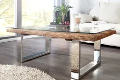 Eindrucksvoller Couchtisch BARRACUDA 110cm antik Teakholz mit Kufengestell und Glas