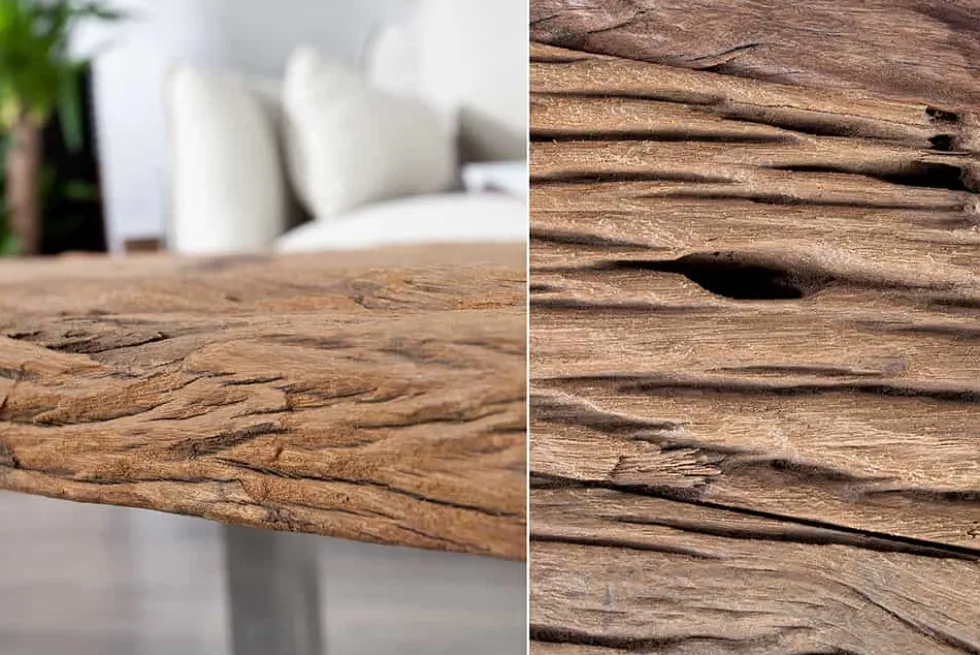Eindrucksvoller Couchtisch BARRACUDA 110cm antik Teakholz mit Kufengestell und Glas