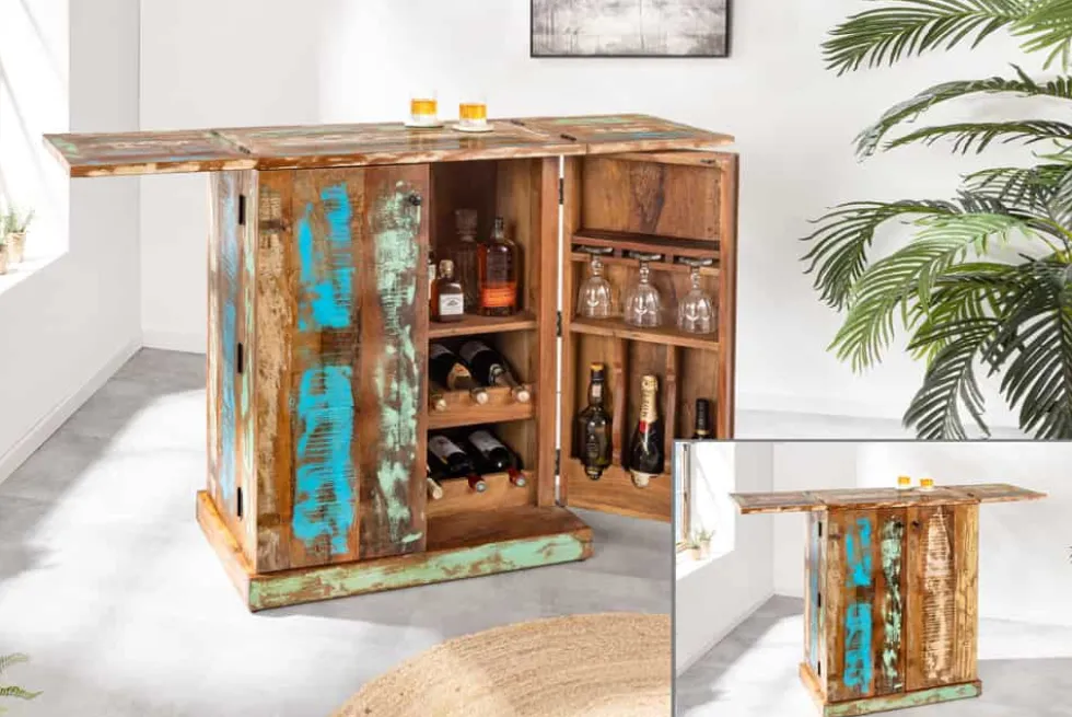 Einzigartiger Barschrank JAKARTA 100cm natur bunt recyceltes Massivholz aus Fischerbooten