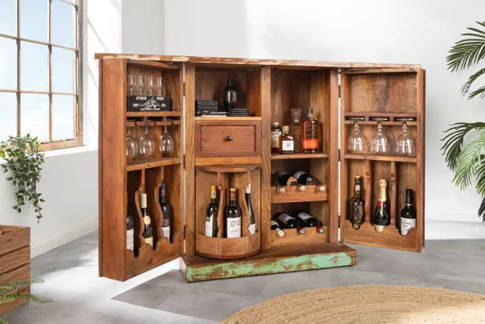 Einzigartiger Barschrank JAKARTA 100cm natur bunt recyceltes Massivholz aus Fischerbooten