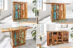 Einzigartiger Barschrank JAKARTA 100cm natur bunt recyceltes Massivholz aus Fischerbooten