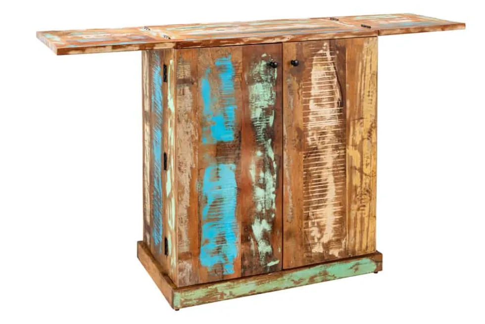 Einzigartiger Barschrank JAKARTA 100cm natur bunt recyceltes Massivholz aus Fischerbooten